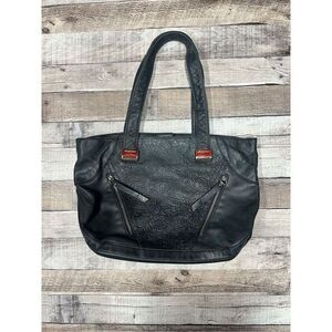 Vintage y2k B Makowsky Black Genuine Leather Embossed Floral Detail Tote Handbag